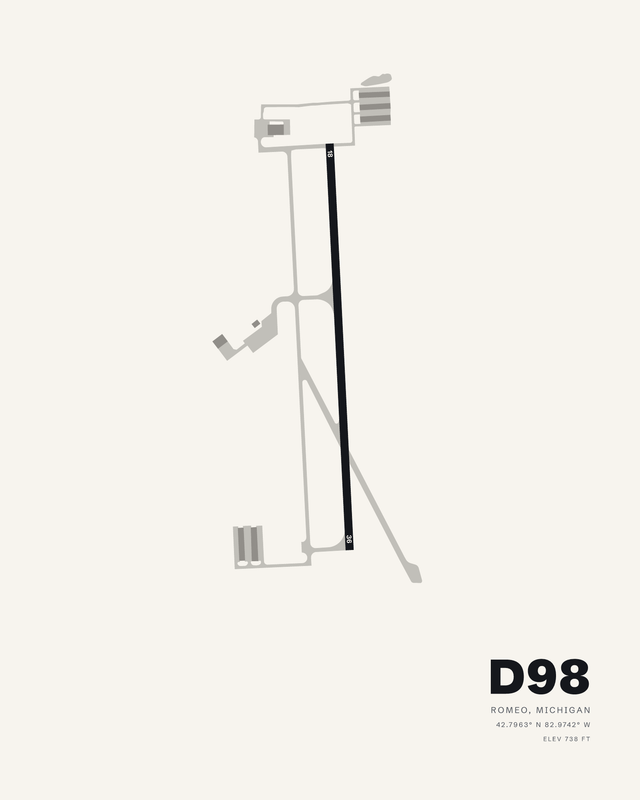 Romeo State D98 airport map print on white, single runway 18/36 with pale taxiways.