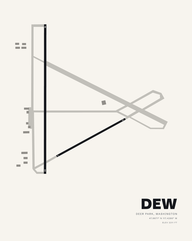 Deer Park DEW airport map print, white colorway, long runway 16/34 vertical with 3200 foot runway 05/23 angled in below.