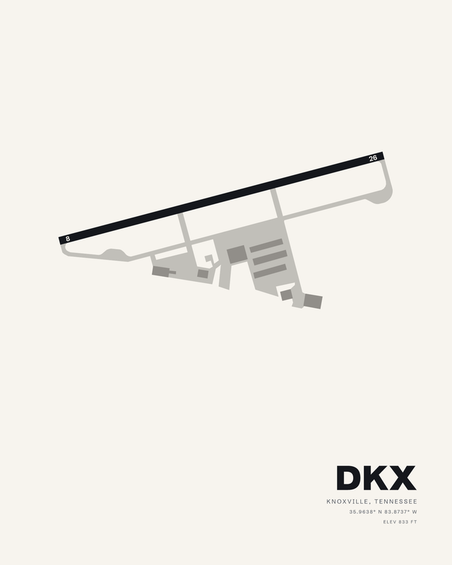 DKX Knoxville Downtown Island airport diagram print, runway 8/26 in dark ink on a white background.