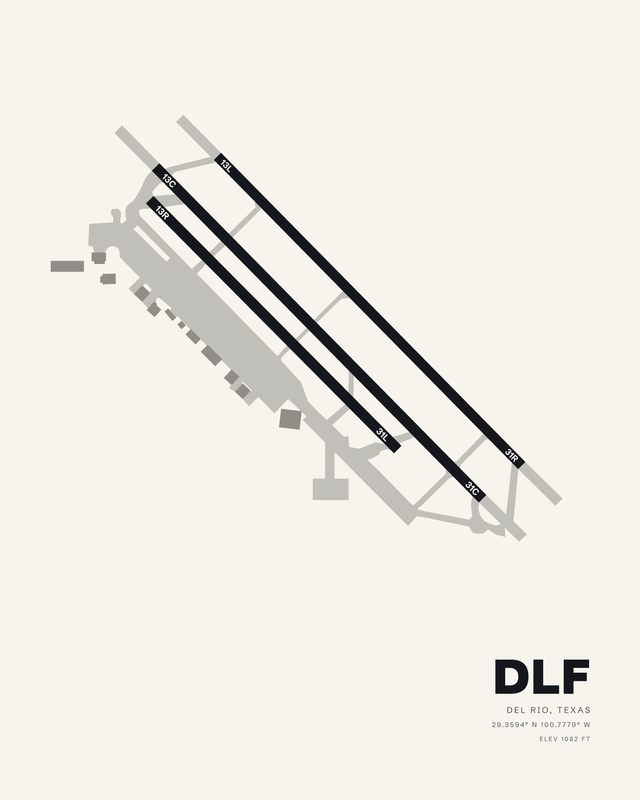 Laughlin AFB DLF airport map print on white, three parallel runways angled across the sheet.