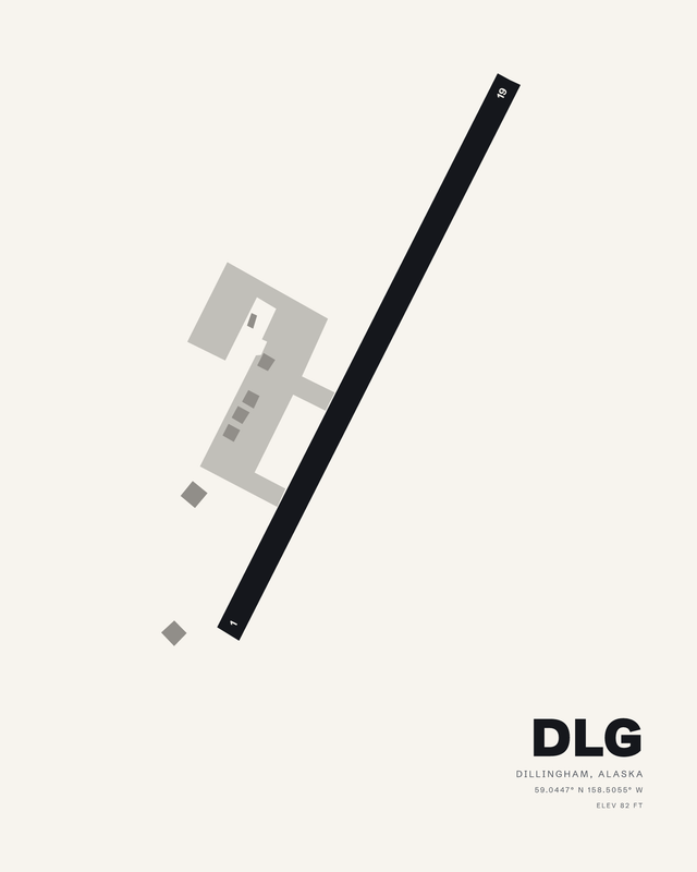 Dillingham Airport DLG airport map print on white: runway 01/19 drawn as one dark diagonal strip beside grey apron pavement.