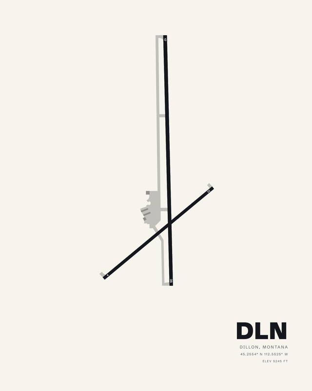 Dillon DLN airport map print on a clean white background, runway 17/35 crossed by the shorter runway 04/22.