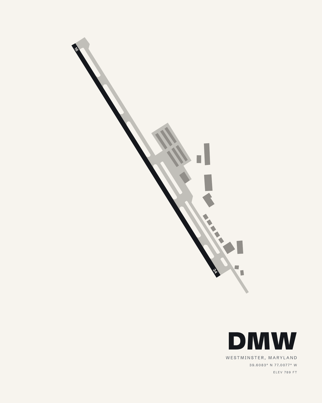 White airport map print of DMW, Carroll County Regional, showing one diagonal runway 16/34 with taxiway, apron and hangars.