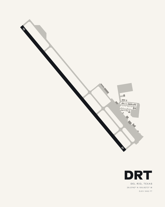 Del Rio International DRT airport map print on white, runway 13/31 a dark diagonal strip with apron and hangars at the lower right.