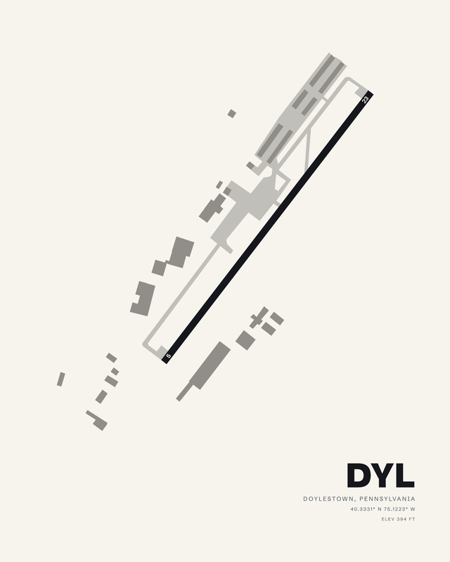 Doylestown Airport DYL map print on white, single diagonal runway 05/23 with hangar rows.