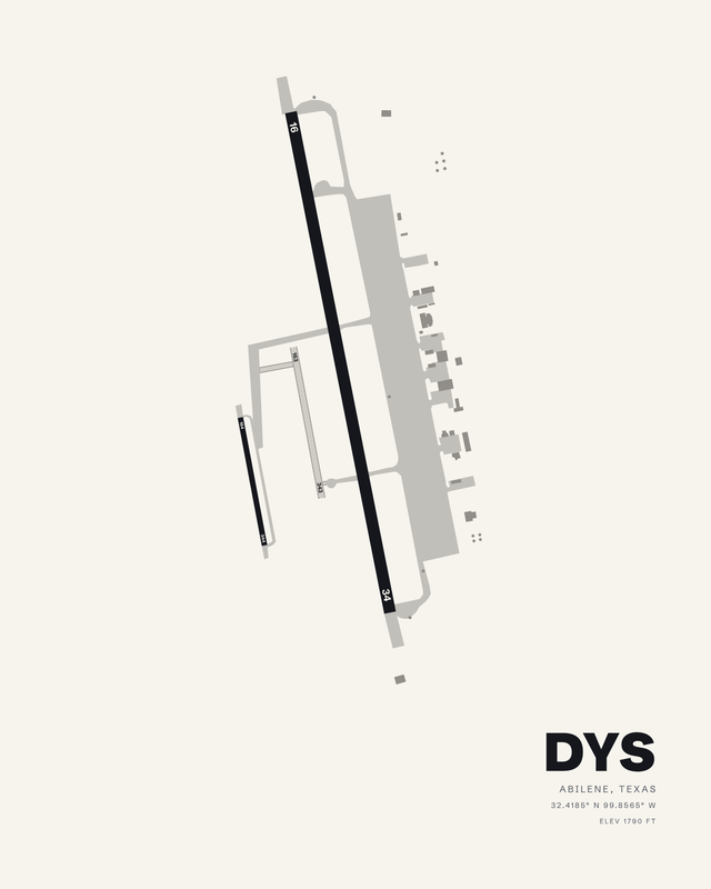 Dyess AFB (DYS) airport map print in the white colorway, runway 16/34 a long dark bar with two short strips west of it.