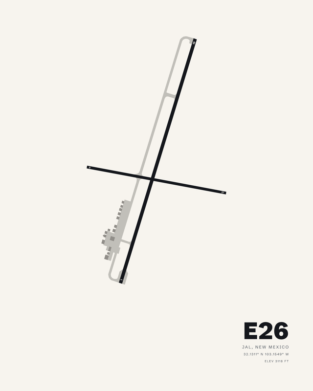 White airport map print of E26 Lea County/Jal, New Mexico, two crossing runways in black on a clean white sheet.