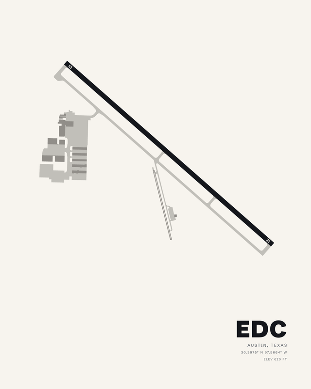 Austin Executive EDC airport map print on a white background, runway 13/31 running the sheet as one long dark diagonal.