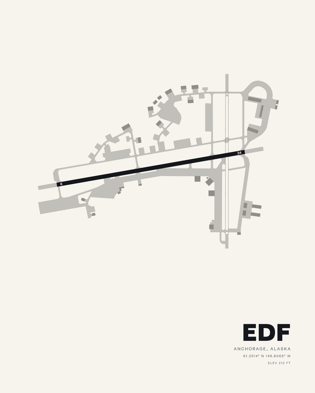 Elmendorf AFB EDF airport map print in the white colorway, runway 06/24 as a dark diagonal bar over pale grey taxiways, Anchorage, Alaska.