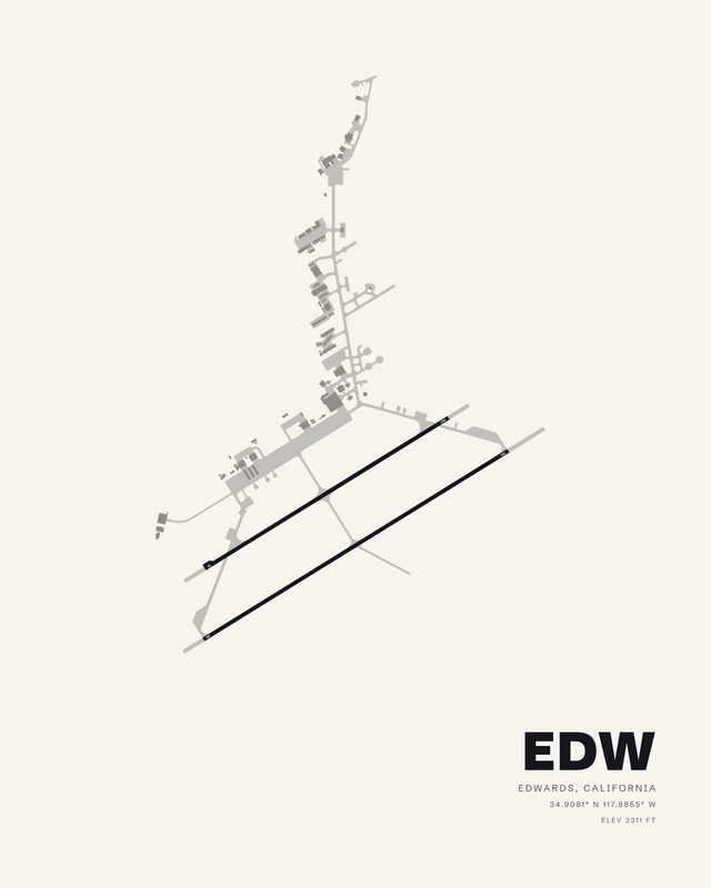 Edwards AFB EDW airport map print on white, two parallel runways on a diagonal.