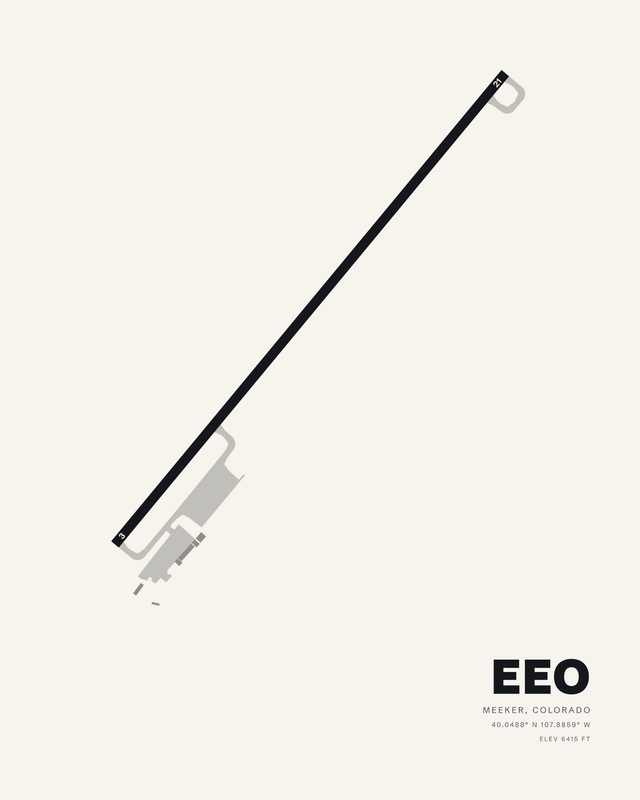 Meeker Coulter Field EEO airport map print on white, single diagonal runway 03/21 with grey taxiway and apron.