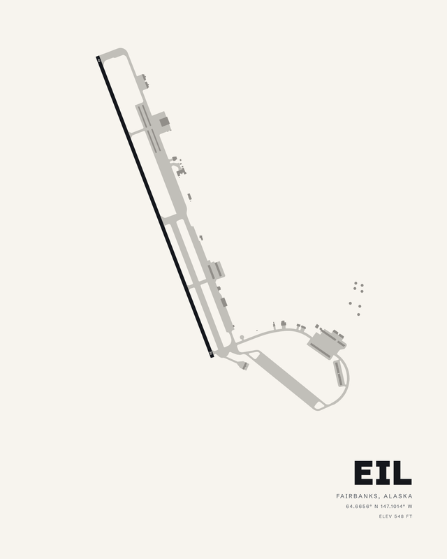 White colorway airport map print of Eielson AFB (EIL), Fairbanks, Alaska, with runway 14/32 inked dark on a bright ground.