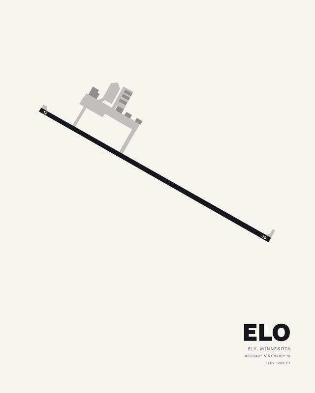 ELO Ely Municipal airport map print on a white ground, single runway 12/30 running as one long diagonal.