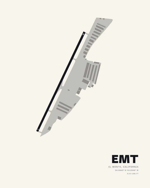 San Gabriel Valley Airport (EMT) map print in white, single runway 1/19 crossing the sheet on a diagonal.