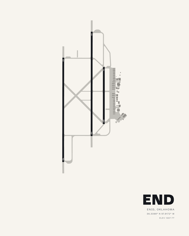 Vance AFB (END) airport map print in the white colorway, three parallel runways and the ramp at Enid, Oklahoma.