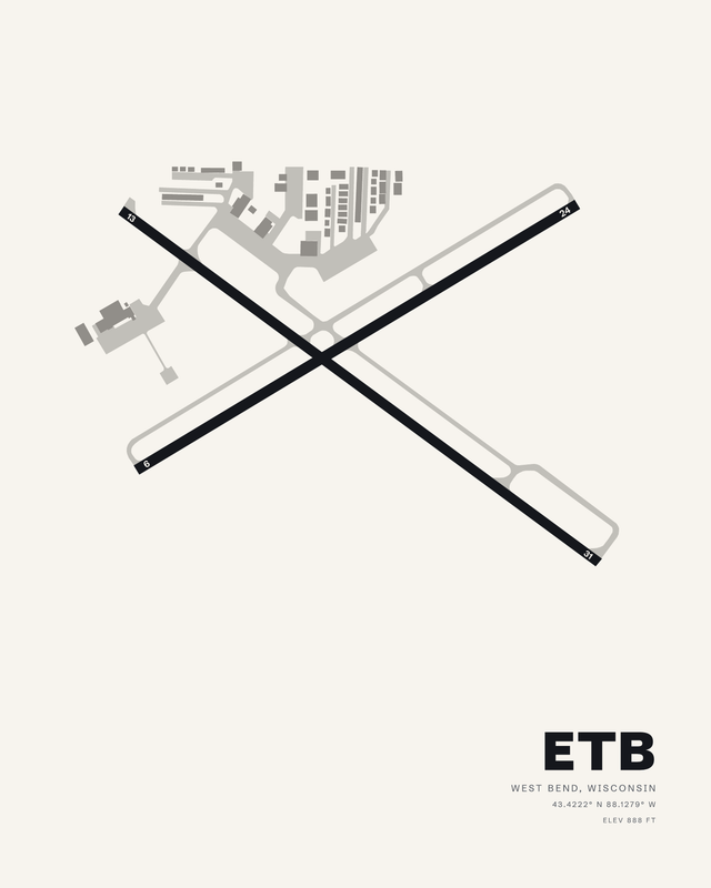 White colorway airport map print of West Bend Municipal (ETB), two runways crossing in a dark X.