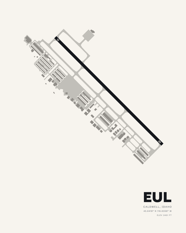 Caldwell Executive EUL airport map print in the white colorway, runway 12/30 a single dark diagonal.