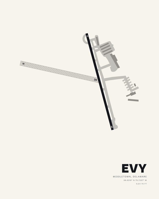 Summit EVY airport diagram on a white background, dark runway 17/35 crossed by the wide turf 11/29.