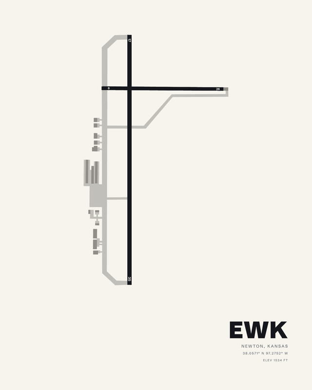 EWK Newton-City-County airport map print on white, runway 17/35 crossed high by runway 08/26.