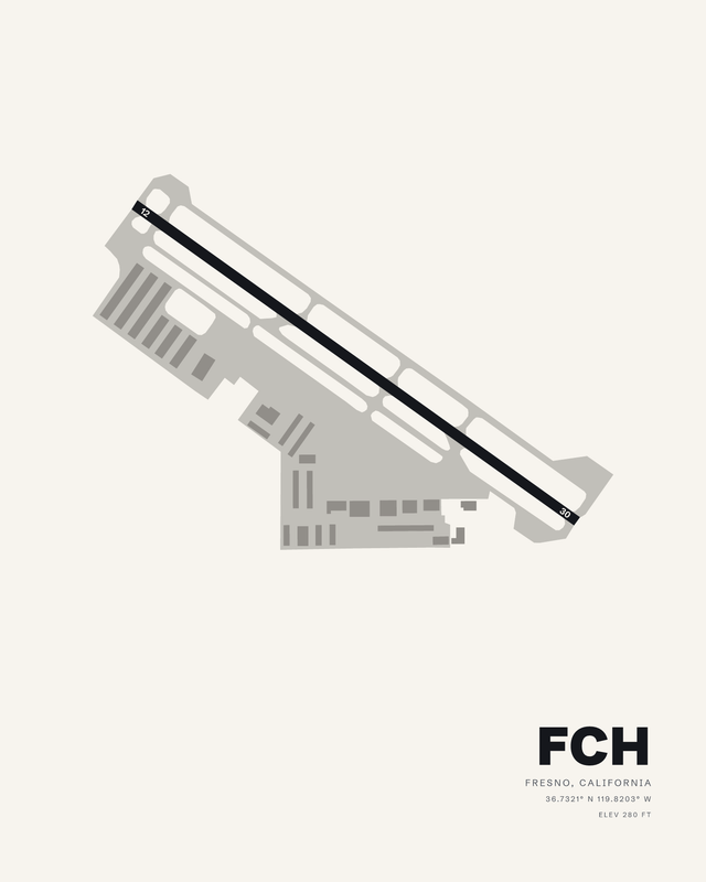 FCH Fresno Chandler Executive airport map print on a white background, single runway 12/30 running as one diagonal line.