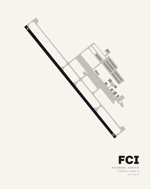 FCI airport map print in white: runway 15/33 as one dark diagonal with taxiways and hangars along its upper side.