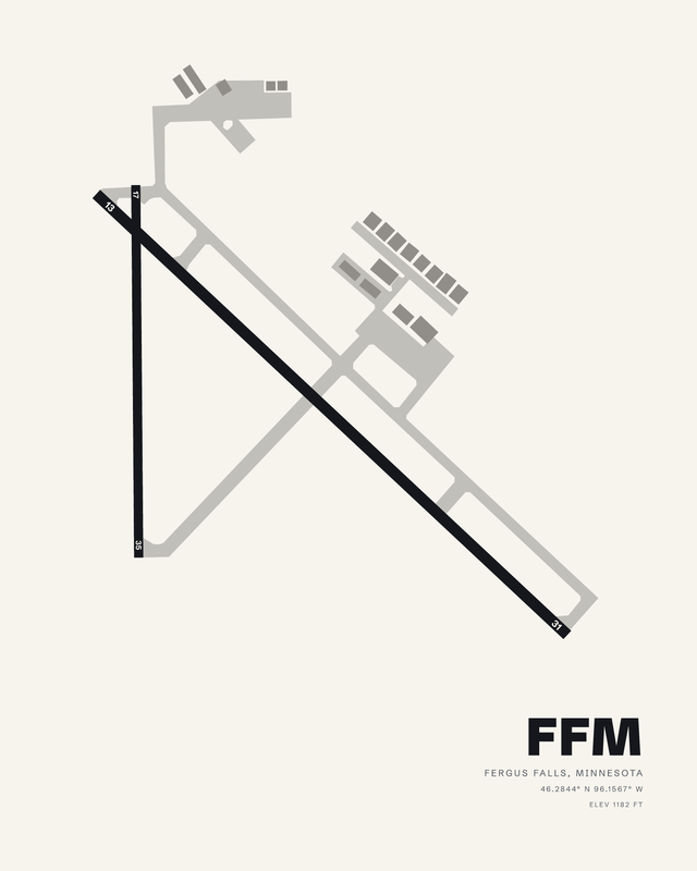White airport map print of Fergus Falls Regional FFM, dark runway 13/31 crossing short runway 17/35.