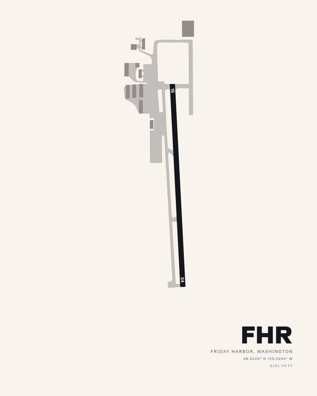 Friday Harbor FHR airport map print on white, single runway 16/34 with parallel taxiway and apron.