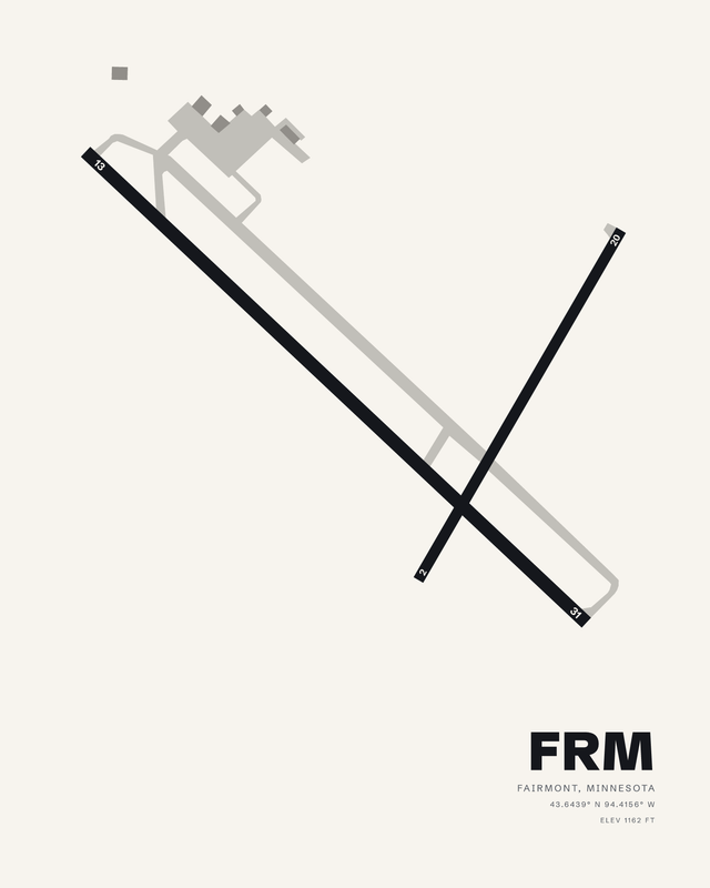 White airport map print of Fairmont Municipal FRM showing runways 13/31 and 02/20 crossing in dark ink.
