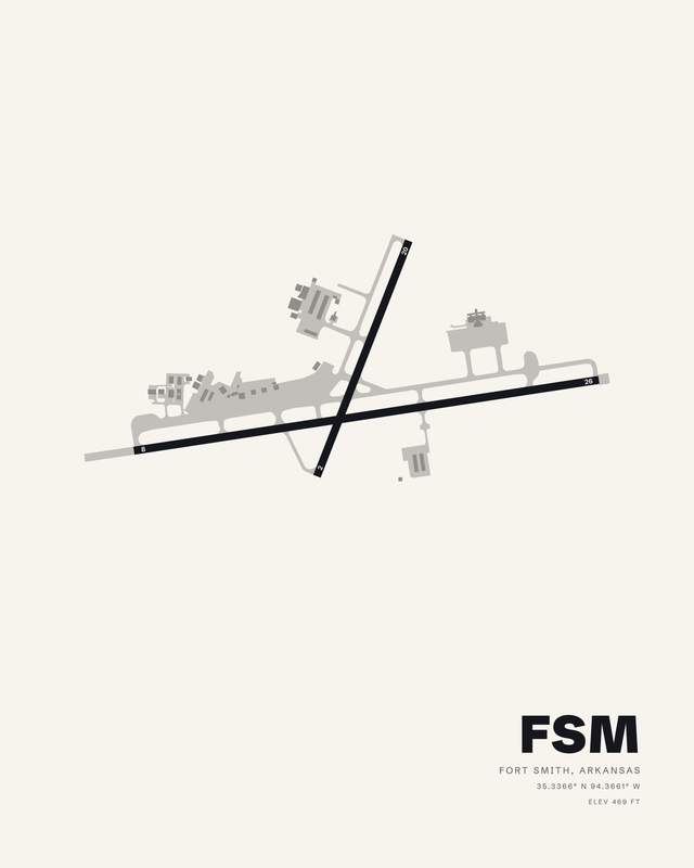 Fort Smith Regional FSM airport diagram on a white print, runways 08/26 and 02/20 crossing in a tilted X.