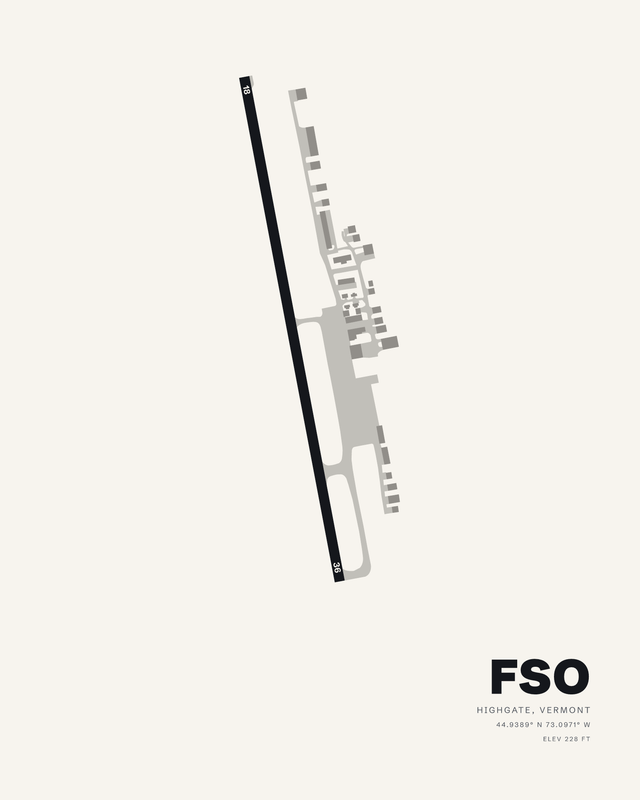 Franklin County State FSO airport map print in white, single runway 18/36 running the height of the sheet.