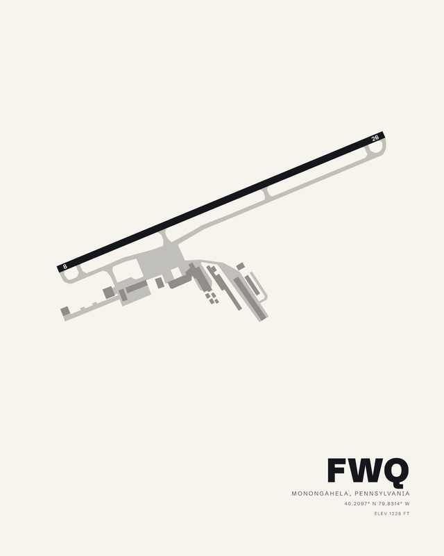 Rostraver FWQ airport diagram print on white, single runway 08/26 set on a diagonal.