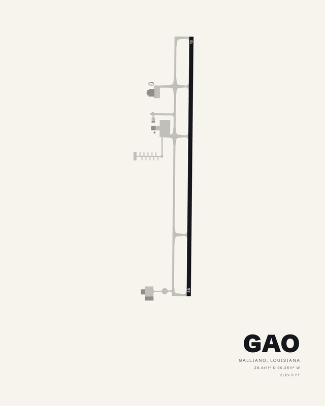 White airport map print of GAO, South Lafourche Leonard Miller Jr, Galliano, Louisiana, one vertical runway 18/36 with a taxiway alongside.