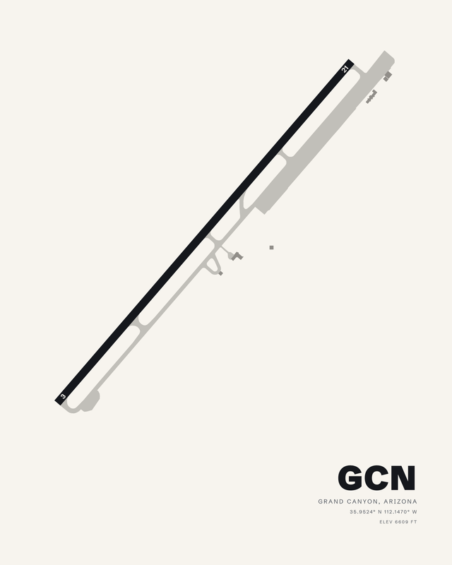 Minimalist white airport map print of Grand Canyon National Park Airport GCN, runway 3/21 a single dark diagonal strip.