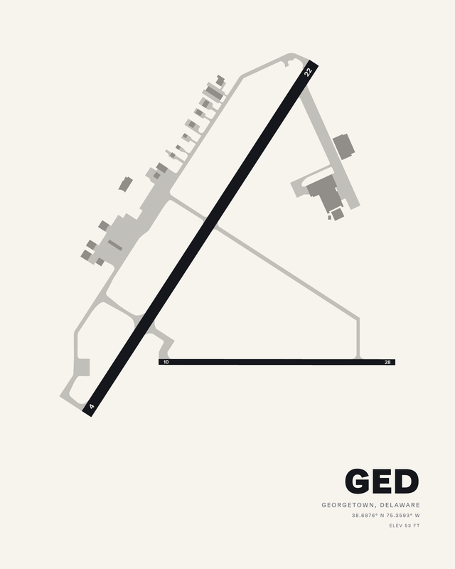 Delaware Coastal GED airport map print in white, runway 04/22 a long black diagonal with 10/28 flat below it.