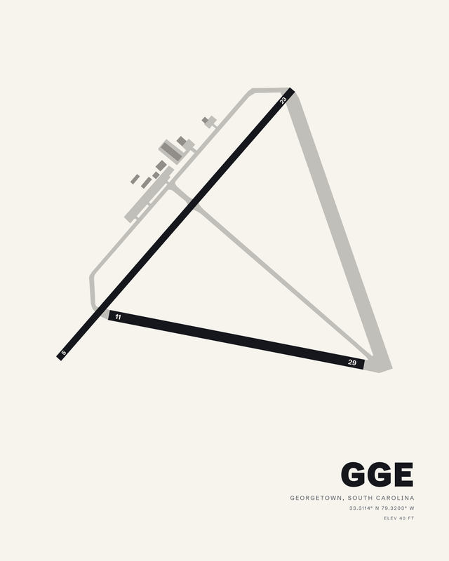 Georgetown County GGE airport map print in the white colorway, runways 05/23 and 11/29 in dark ink on a bright sheet.