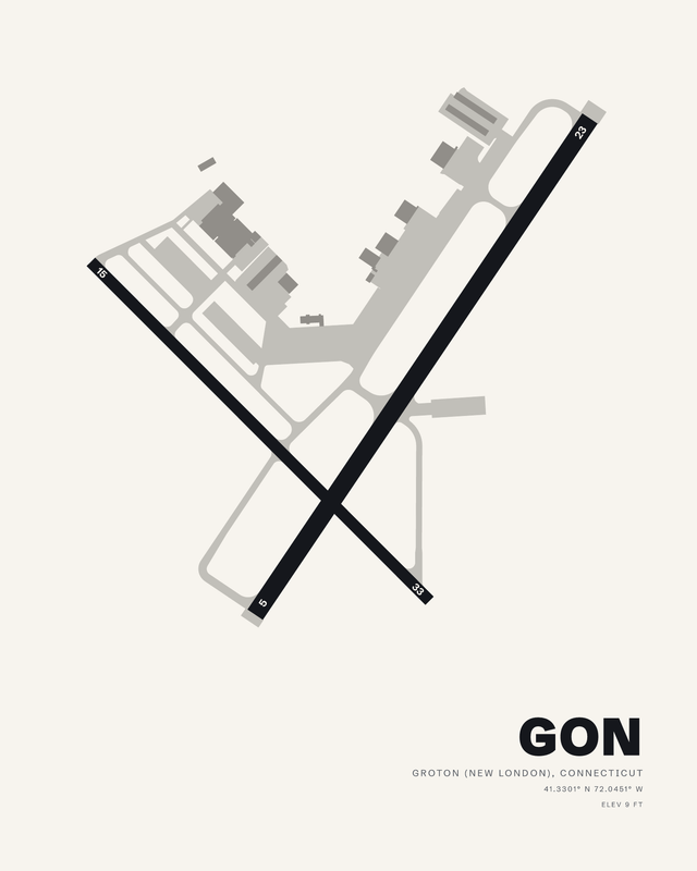 White colorway of the GON airport map print, runways 5/23 and 15/33 crossing in a dark X above the Groton-New London label.