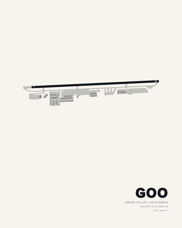 White airport map print of Nevada County (GOO), Grass Valley, California, one runway 07/25 across the top.