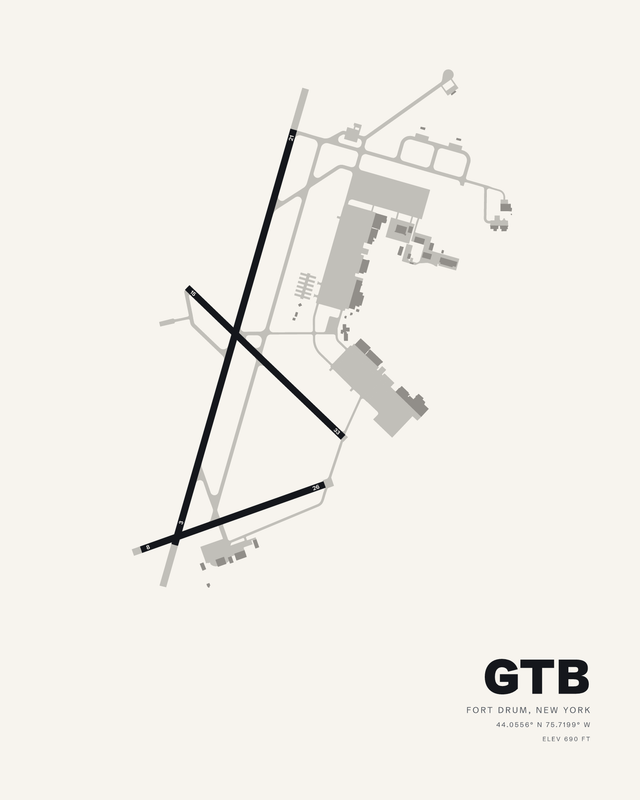 Wheeler-Sack AAF (GTB) airport diagram print in the white colorway, three dark runways over a pale Fort Drum, New York field.