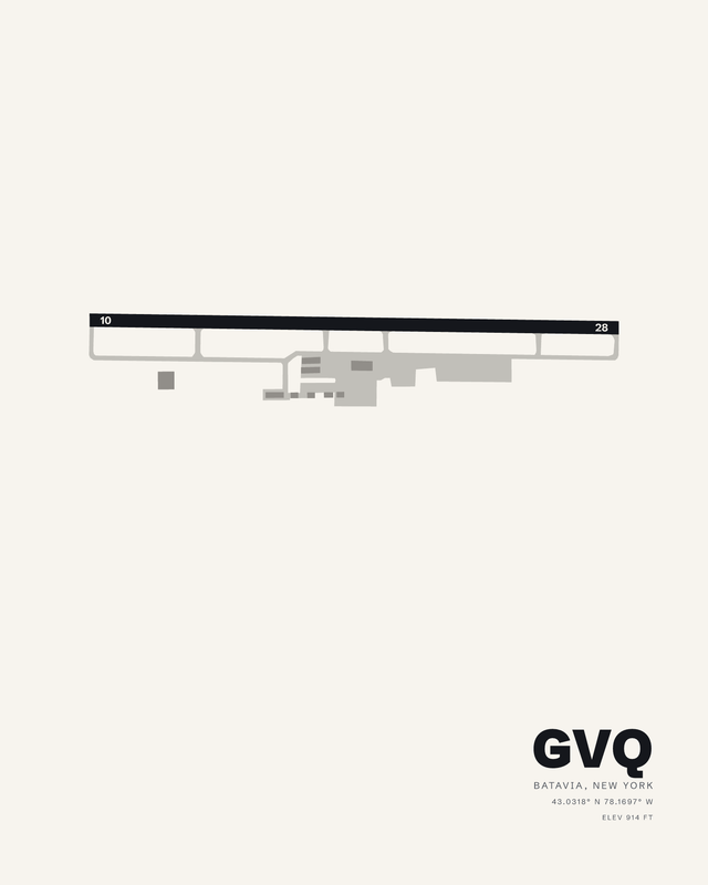 Genesee County Airport GVQ diagram on a white background, single runway 10/28 with parallel taxiway and apron, Batavia, New York.