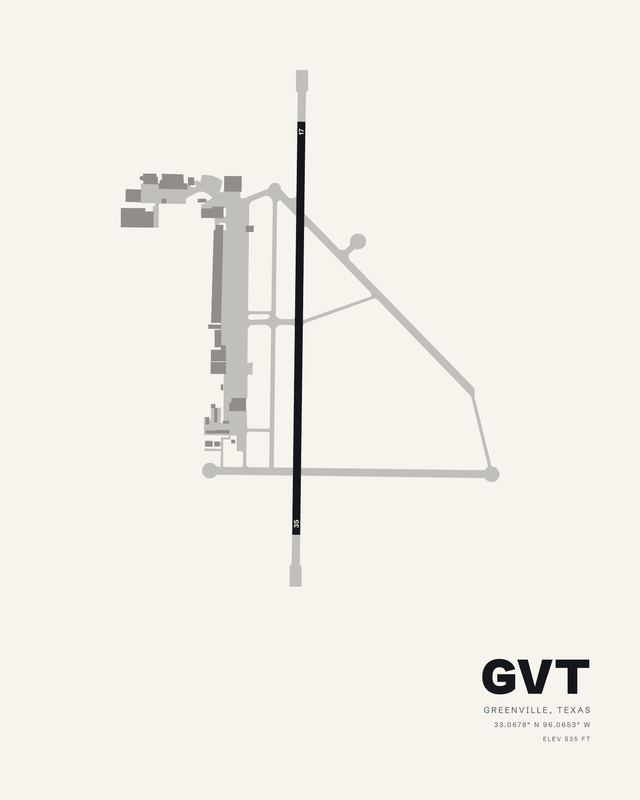Majors GVT airport map print on white, single runway 17/35 with taxiway loop east of the strip.