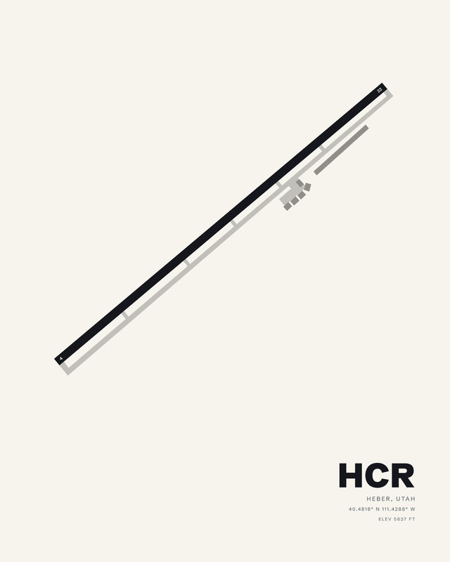 Heber Valley HCR airport diagram on white, single runway 04/22 drawn as one long diagonal with a taxiway alongside.