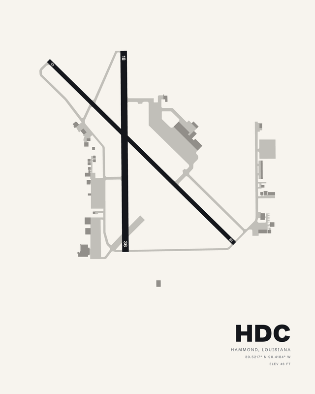 Hammond Northshore Regional (HDC) airport map print on white, crossing runways 13/31 and 18/36 in black.