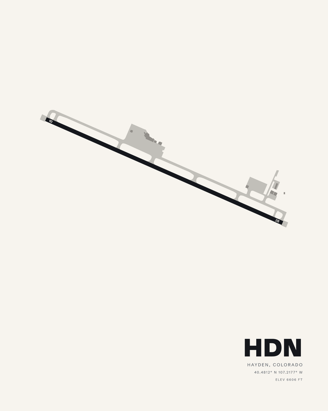 Airport map print of HDN Yampa Valley on white, single runway 10/28 as a dark diagonal band.