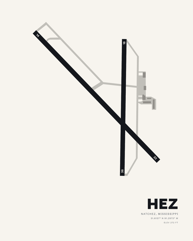 HEZ airport map print in white: runways 14/32 and 18/36 crossing over Natchez, Mississippi.