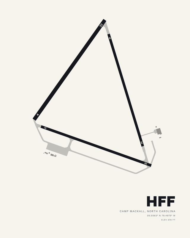 Mackall AAF HFF airport diagram print in the white colorway, three runways closing into a triangle on a soft off-white ground.