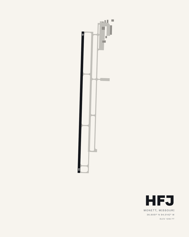 Monett Regional HFJ airport map print in white: runway 18/36 as one dark strip with its parallel taxiway, Monett, Missouri.