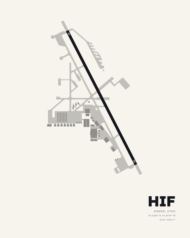 Hill AFB HIF airport map print in the white colorway, runway 14/32 as a dark diagonal across a soft off-white field.