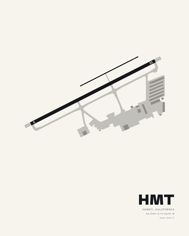 Hemet-Ryan HMT airport map print in white, with runway 05/23 and the thin 04/22 strip drawn dark on a soft off white sheet.