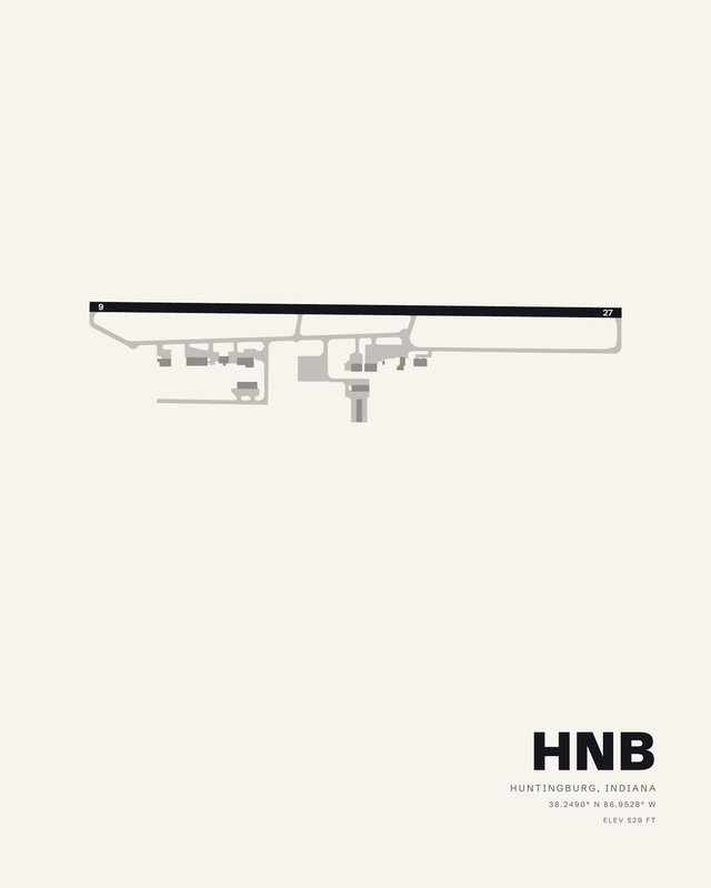 Huntingburg HNB airport diagram in white, single runway 09/27 running left to right above taxiways and apron buildings.