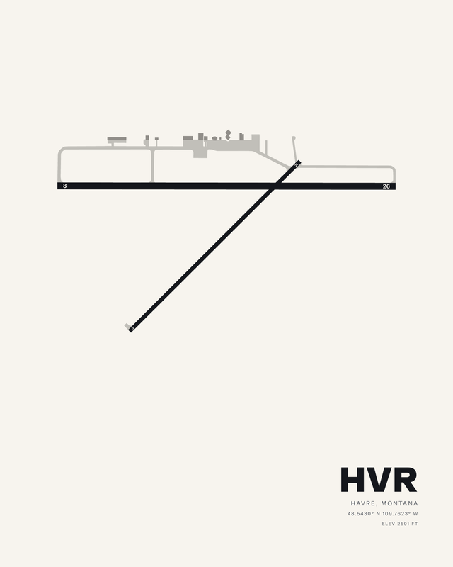 Havre City-County Airport (HVR) diagram in the white colorway, runway 8/26 crossed by the diagonal of 3/21.